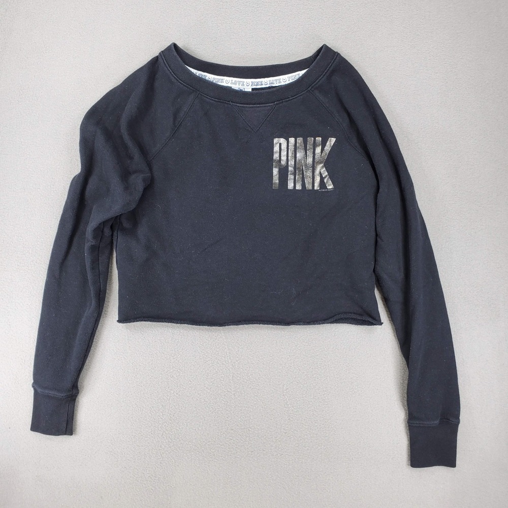 PINK Sweatshirt Sz XS Black Cropped Graphic Eighty Six Raw Hem Raglan Pullover‎